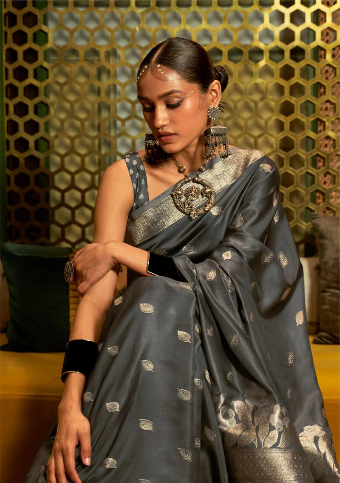 Silver Grey Pure Satin Handloom Weaving Saree