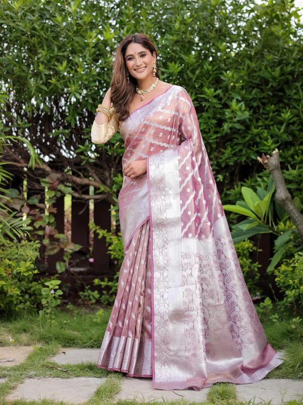 Pastel Purple Banarsi handloom glass tissue Saree.