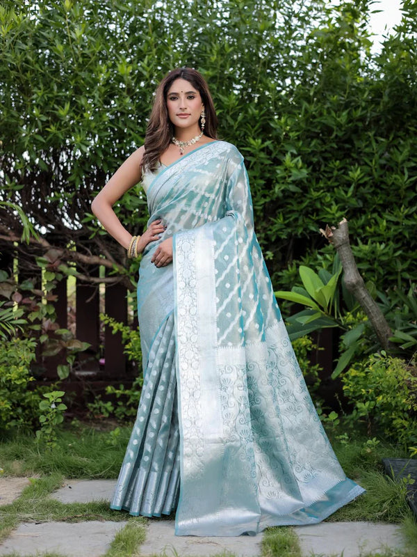 Sky Blue Banarsi handloom glass tissue Saree.