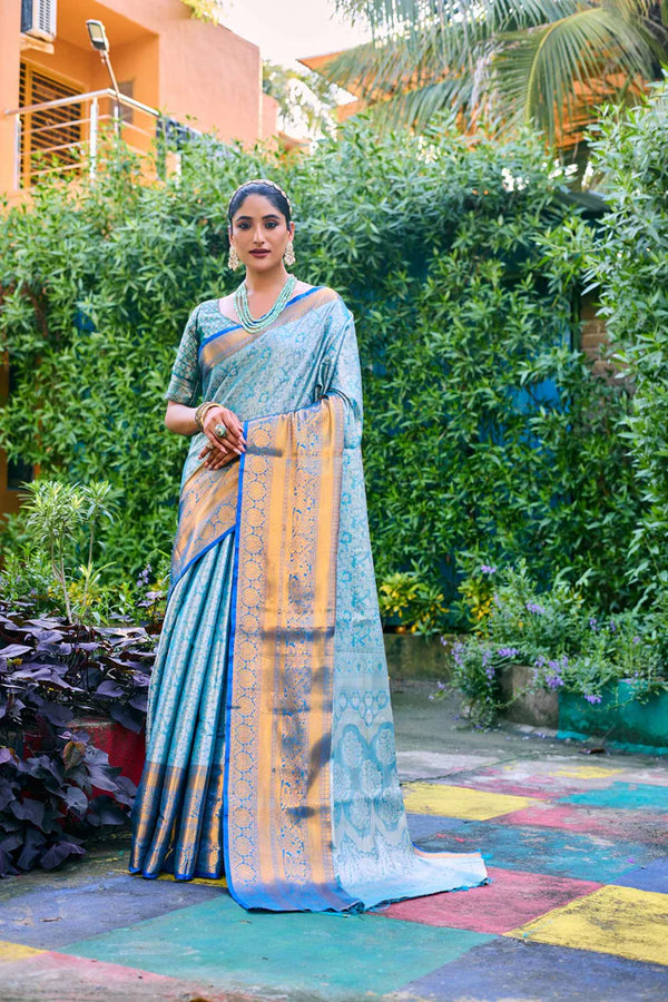 Bright Blue Banarasi Handloom Tissue Silk Saree