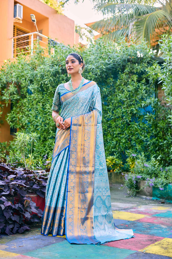 Bright Blue Banarasi Handloom Tissue Silk Saree