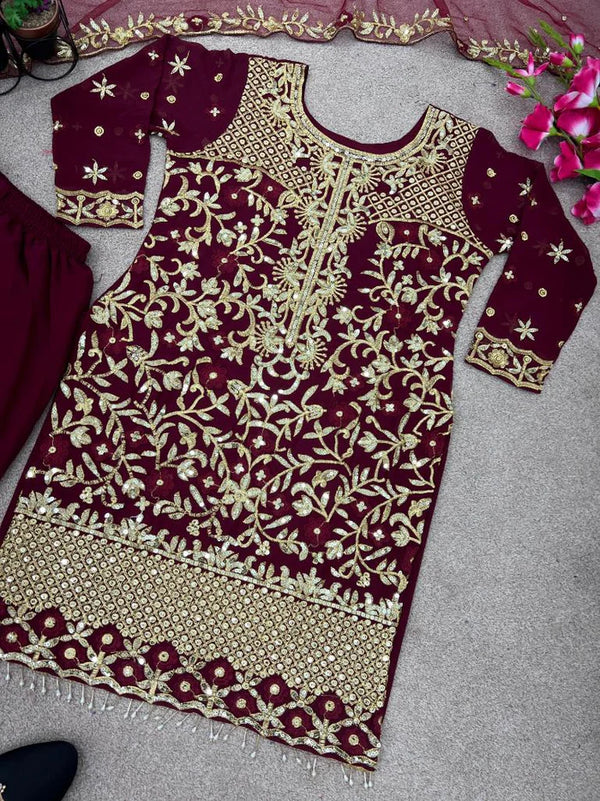 Dark Red Embroidery Sequence Georgette Kurti set