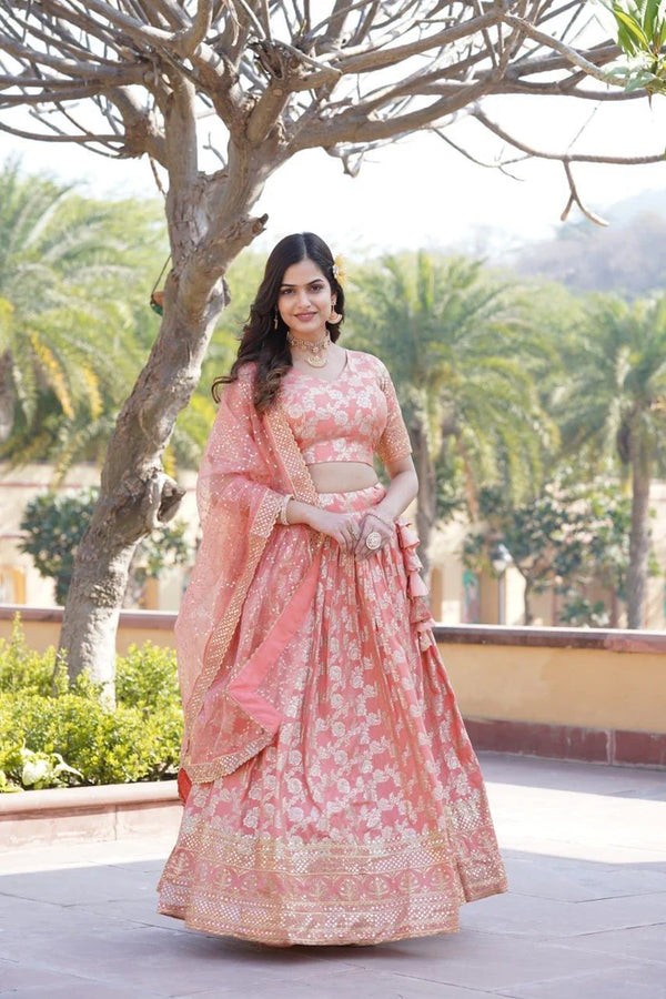 Light Peach Viscose Jacquard Lehenga Choli