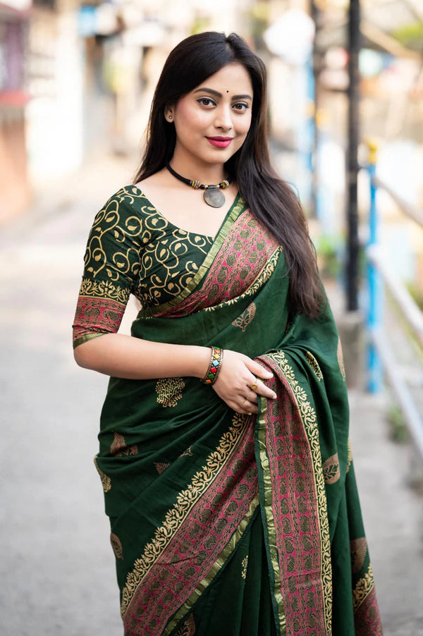 Dark Green Chanderi Cotton Saree with Zari woven Pattu border.