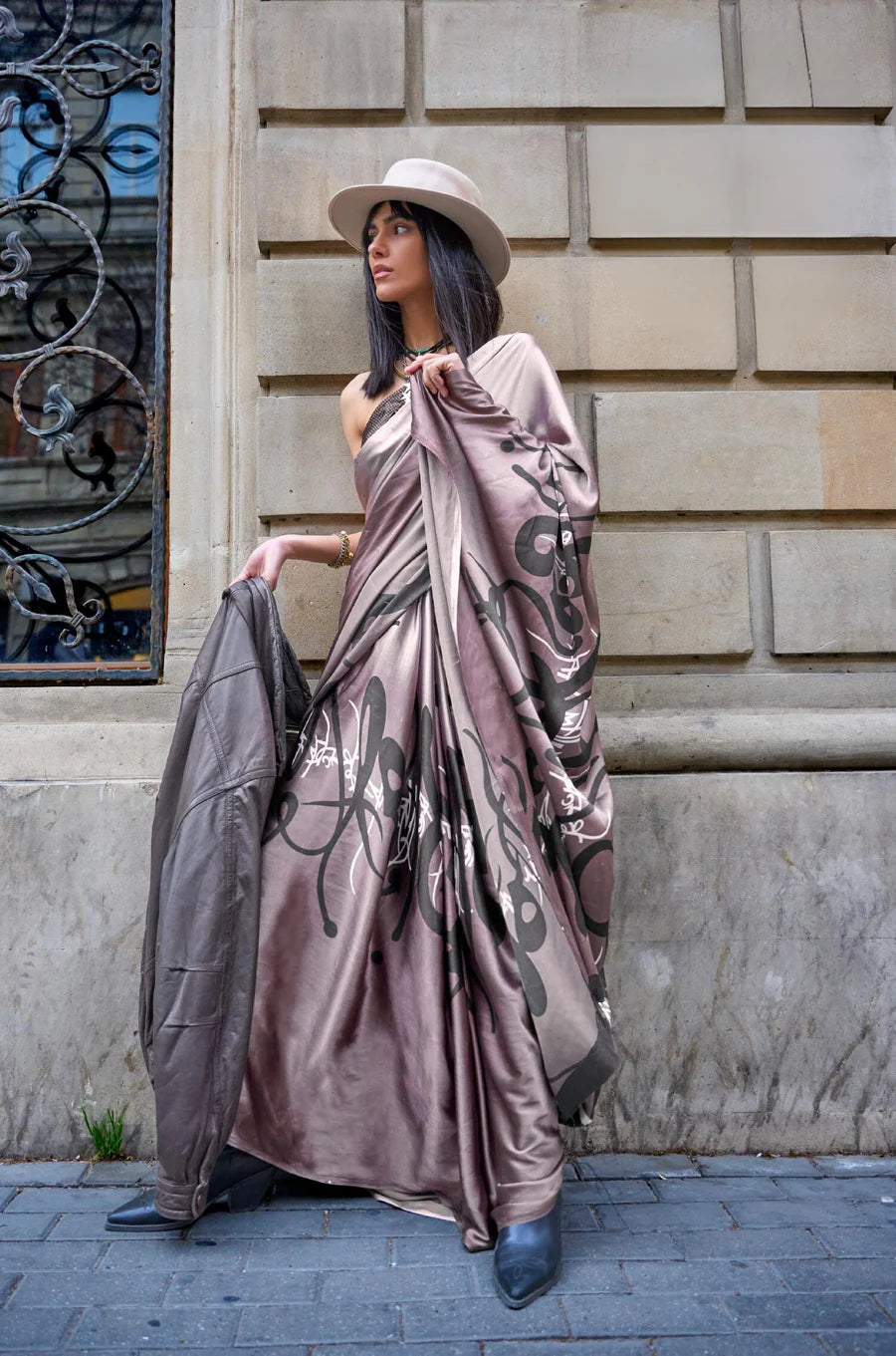 Rosy Brown Print Satin Crepe Sarees